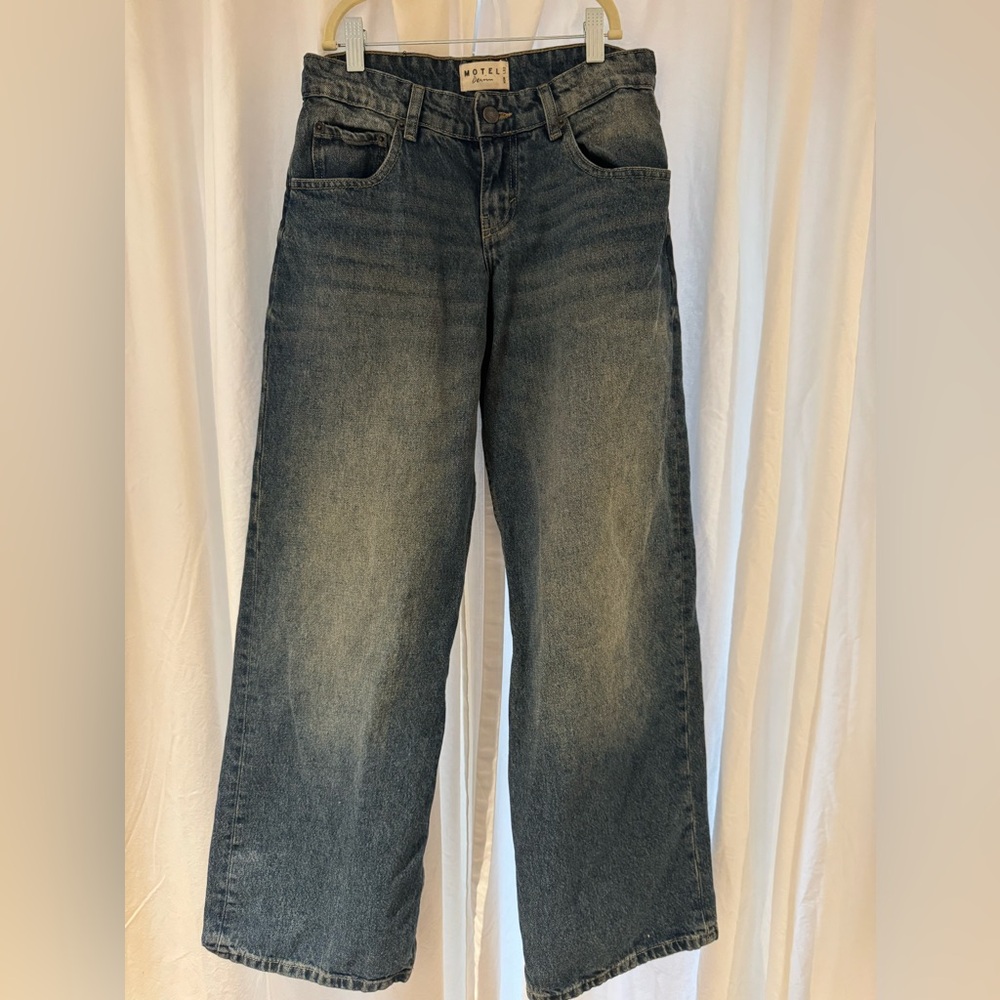 Motel Rocks Wide Leg Flare Jeans in Faded Blue